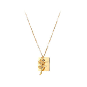 Fashion Elegant Plated Gold 316L Stainless Steel Rose Geometric Square Pendant with Necklace