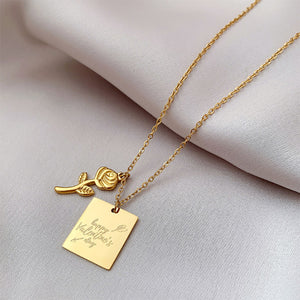 Fashion Elegant Plated Gold 316L Stainless Steel Rose Geometric Square Pendant with Necklace