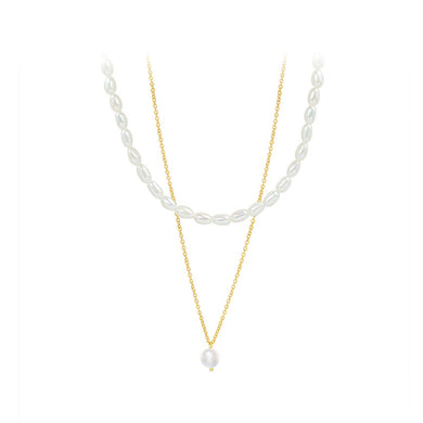 Simple Temperament Plated Gold Geometric Imitation Pearl Pendant with 316L Stainless Steel Double Layer Necklace