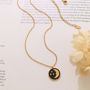 Fashion Simple Plated Gold 316L Stainless Steel Moon Star Round Pendant with Necklace