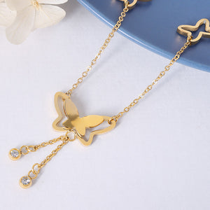 Fashion Simple Plated Gold 316L Stainless Steel Butterfly Tassel Anklet with Cubic Zirconia