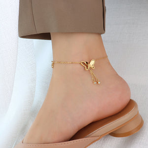 Fashion Simple Plated Gold 316L Stainless Steel Butterfly Tassel Anklet with Cubic Zirconia