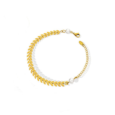 Fashion and Elegant Plated Gold 316L Stainless Steel Wheat Bracelet with Imitation Pearls