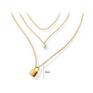 Fashion Simple Plated Gold 316L Stainless Steel Lock Pendant with Imitation Pearl and Three Layer Necklace