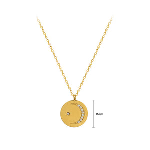 Fashion Simple Plated Gold 315L Stainless Steel Moon Geometric Round Pendant with Cubic Zirconia and Necklace