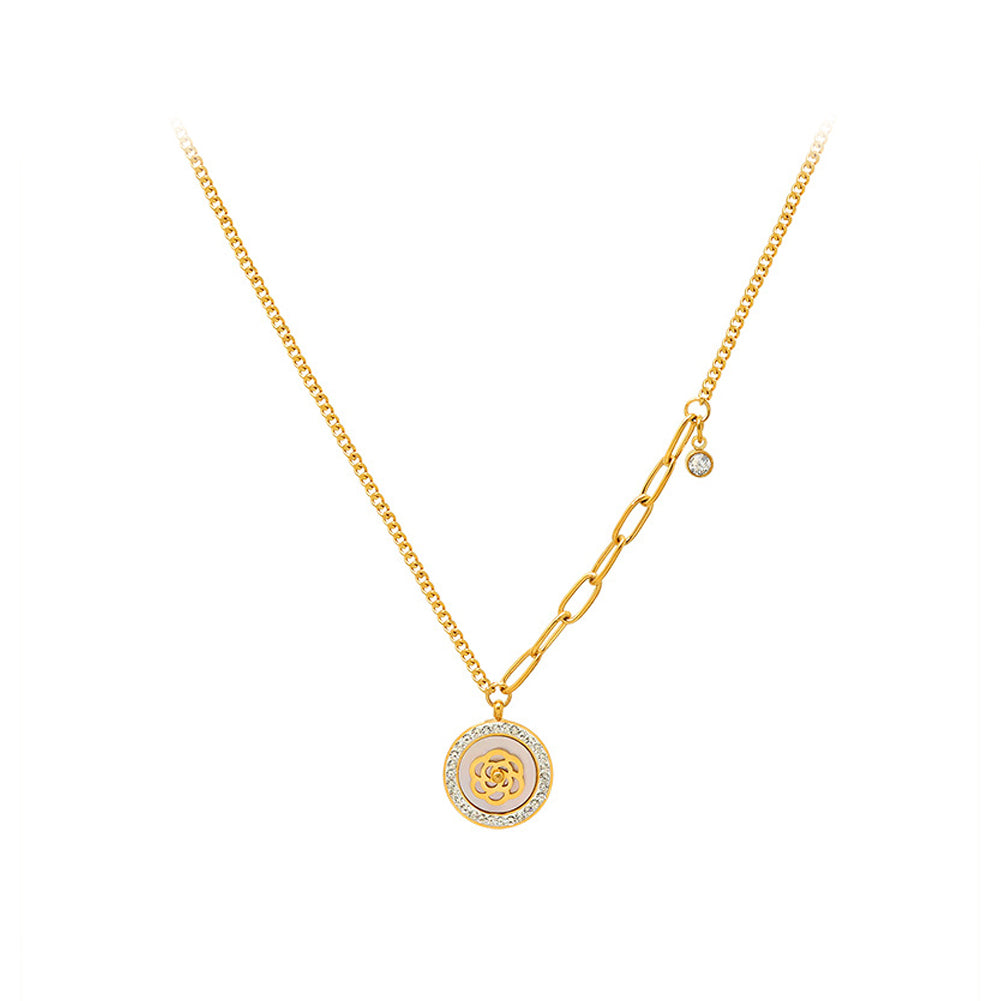Fashion Elegant Plated Gold 316L Stainless Steel Rose Flower Round Pendant with Cubic Zirconia and Necklace