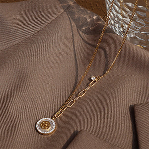 Fashion Elegant Plated Gold 316L Stainless Steel Rose Flower Round Pendant with Cubic Zirconia and Necklace