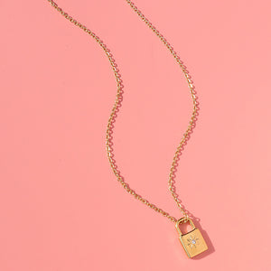 Simple Personality Plated Gold 316L Stainless Steel Lock Pendant with Cubic Zirconia and Necklace