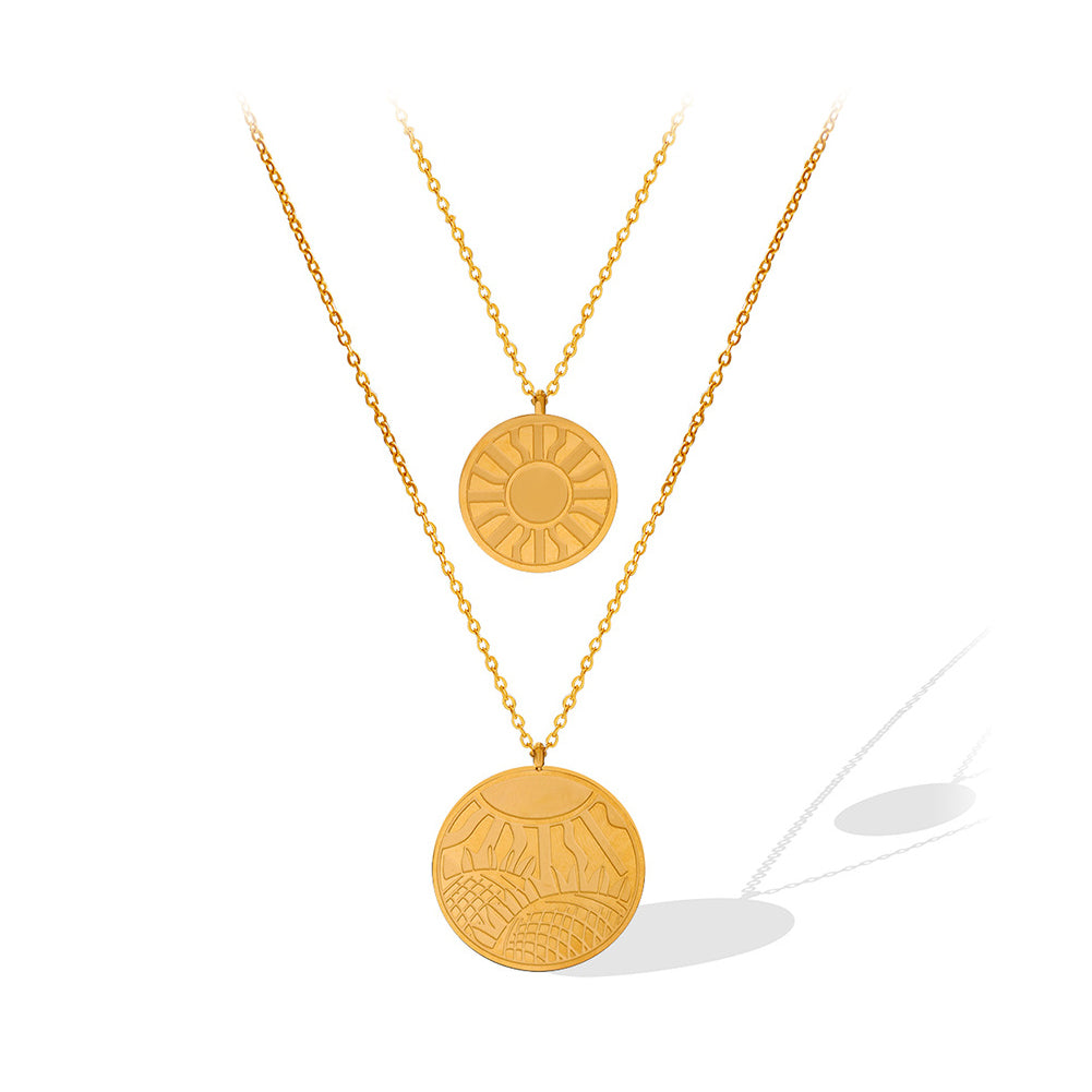 Fashion Simple Plated Gold 316L Stainless Steel Sunflower Pattern Geometric Round Pendant with Double Layer Necklace