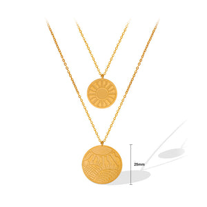Fashion Simple Plated Gold 316L Stainless Steel Sunflower Pattern Geometric Round Pendant with Double Layer Necklace