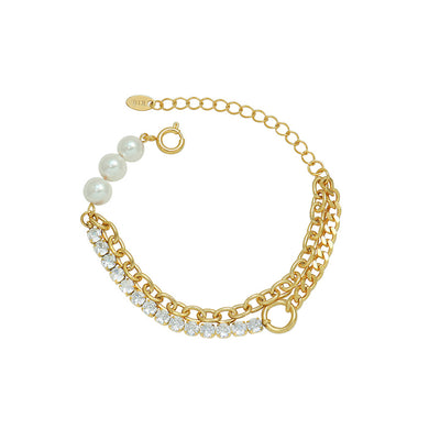 Fashion Personality Plated Gold 316L Stainless Steel Cubic Zircon Splicing Chain Double Layer Bracelet with Imitation Pearls