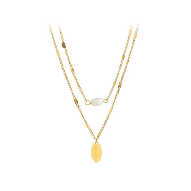 Fashion Elegant Plated Gold 316L Stainless Steel Oval Geometric Pendant with Imitation Pearls and Double Layer Necklace