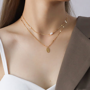 Fashion Elegant Plated Gold 316L Stainless Steel Oval Geometric Pendant with Imitation Pearls and Double Layer Necklace