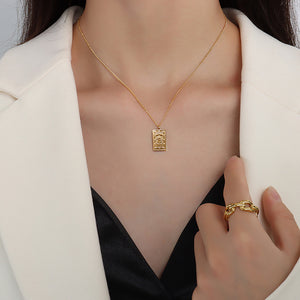 Fashion Simple Plated Gold 316L Stainless Steel Sun Pattern Geometric Square Pendant with Necklace