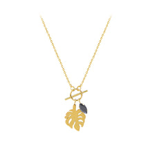 Load image into Gallery viewer, Fashion Temperament Plated Gold 316L Stainless Steel Leaf Pendant with Black Cubic Zirconia and Necklace