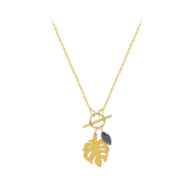 Fashion Temperament Plated Gold 316L Stainless Steel Leaf Pendant with Black Cubic Zirconia and Necklace