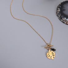 Load image into Gallery viewer, Fashion Temperament Plated Gold 316L Stainless Steel Leaf Pendant with Black Cubic Zirconia and Necklace