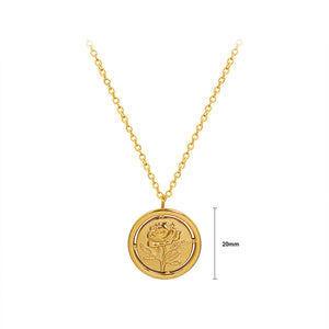 Fashion Elegant Plated Gold 316L Stainless Steel Rose Geometric Round Pendant with Necklace