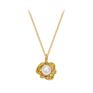 Fashion Elegant Plated Gold 316L Stainless Steel Flower Imitation Pearl Pendant with Necklace