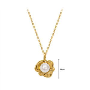 Fashion Elegant Plated Gold 316L Stainless Steel Flower Imitation Pearl Pendant with Necklace