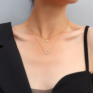 Fashion Simple Plated Gold 316L Stainless Steel Sun Smiley Pendant with Double Layer Necklace