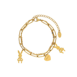 Fashion Cute Plated Gold 316L Stainless Steel Rabbit Heart Double Bracelet
