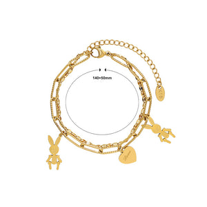 Fashion Cute Plated Gold 316L Stainless Steel Rabbit Heart Double Bracelet