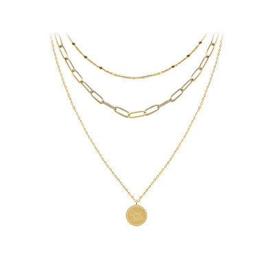Simple Fashion Plated Gold 316L Stainless Steel Geometric Round Pendant with Three Layer Necklace