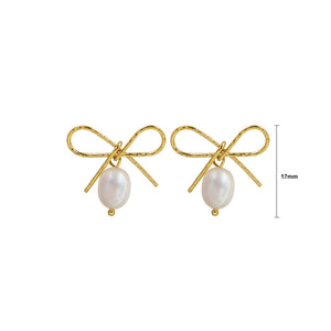 Simple Temperament Plated Gold 316L Stainless Steel Ribbon Imitation Pearl Earrings