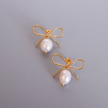 Load image into Gallery viewer, Simple Temperament Plated Gold 316L Stainless Steel Ribbon Imitation Pearl Earrings