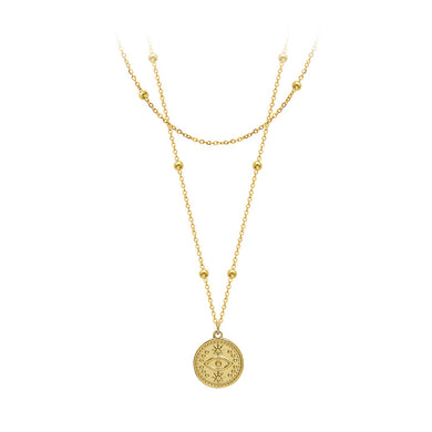 Fashion Temperament Plated Gold 316L Stainless Steel Eye Geometric Round Pendant with Double Layer Necklace