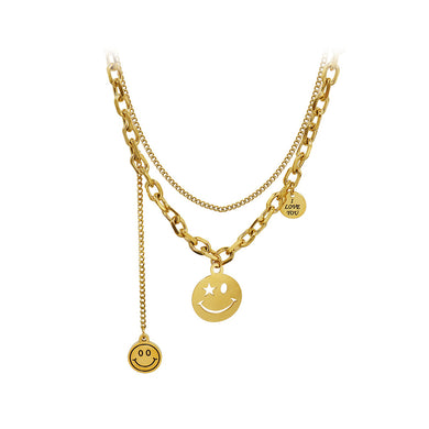 Fashion Temperament Plated Gold 316L Stainless Steel Smiley Geometric Round Tassel Pendant with Double Layer Necklace