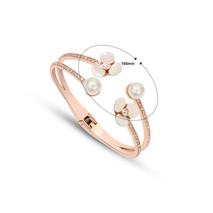 Fashion Elegant Plated Rose Gold 316L Stainless Steel Flower Imitation Pearl Open Bangle