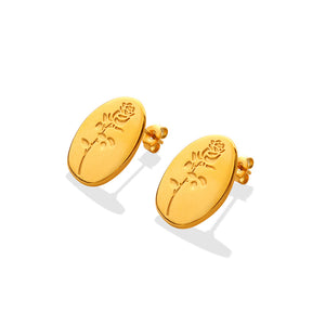 Elegant Temperament Plated Gold 316L Stainless Steel Embossed Rose Geometric Oval Stud Earrings