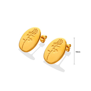Elegant Temperament Plated Gold 316L Stainless Steel Embossed Rose Geometric Oval Stud Earrings