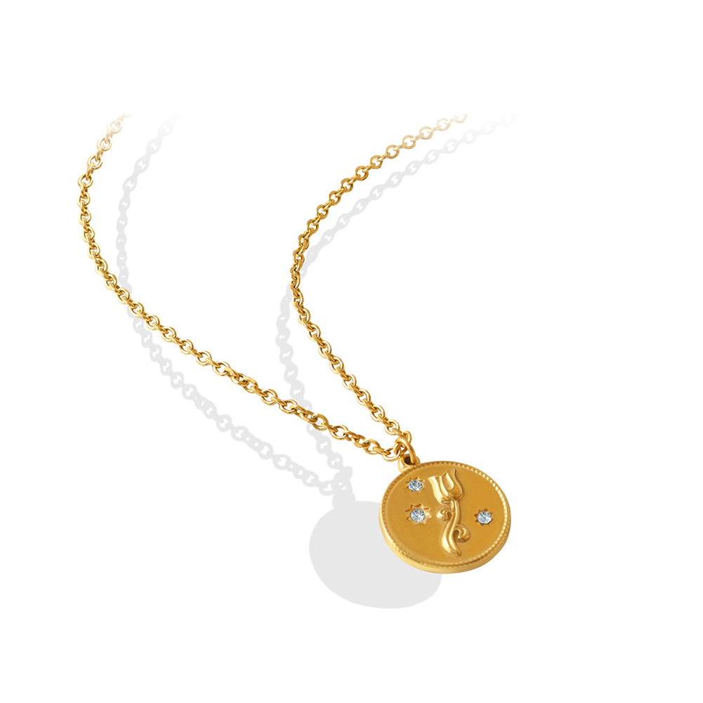 Fashion Simple Plated Gold 316L Stainless Steel Rose Geometric Round Pendant with Cubic Zirconia and Necklace