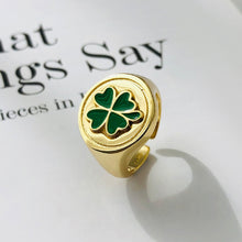 Load image into Gallery viewer, 925 Sterling Silver Plated Gold Fashion Elegant Enamel Four Leafed Clover Geometric Adjustable Open Ring