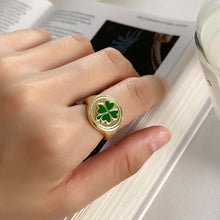 Load image into Gallery viewer, 925 Sterling Silver Plated Gold Fashion Elegant Enamel Four Leafed Clover Geometric Adjustable Open Ring