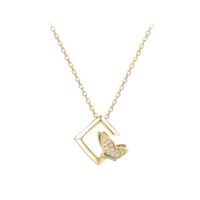 925 Sterling Silver Plated Gold Fashion Elegant Butterfly Geometric Square Pendant with Cubic Zirconia and Necklace