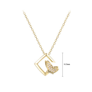 925 Sterling Silver Plated Gold Fashion Elegant Butterfly Geometric Square Pendant with Cubic Zirconia and Necklace