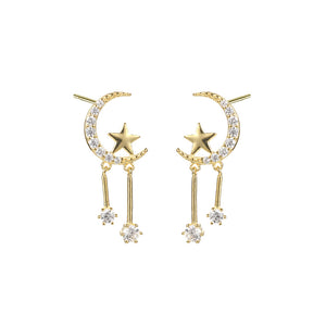 925 Sterling Silver Plated Gold Fashion Temperament Moon Star Tassel Earrings with Cubic Zirconia
