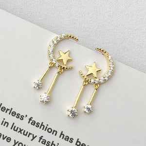 925 Sterling Silver Plated Gold Fashion Temperament Moon Star Tassel Earrings with Cubic Zirconia