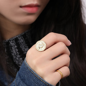 925 Sterling Silver Plated Gold Fashion Vintage Portrait Geometric Round Adjustable Open Ring