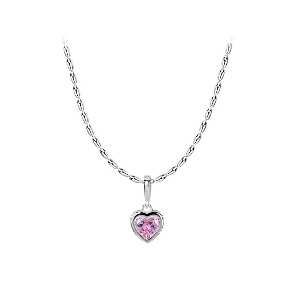 925 Sterling Silver Fashion Romantic October Birthstone Heart Pendant with Pink cubic Zirconia and Necklace