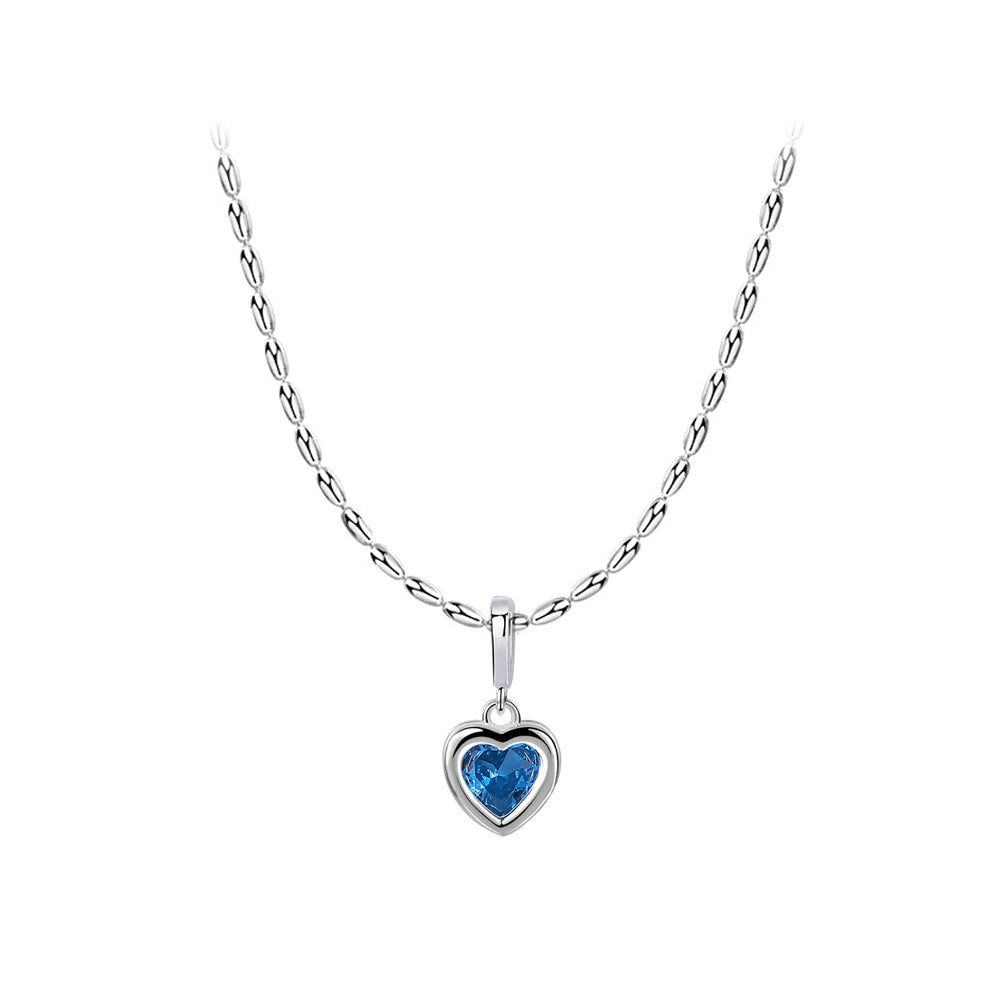 925 Sterling Silver Fashion Romantic March Birthstone Heart Pendant with Blue cubic Zirconia and Necklace