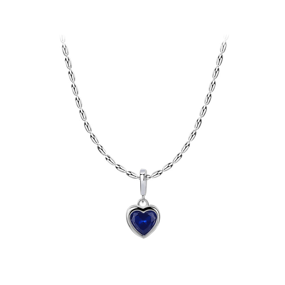 925 Sterling Silver Fashion Romantic September Birthstone Heart Pendant with Dark Blue cubic Zirconia and Necklace