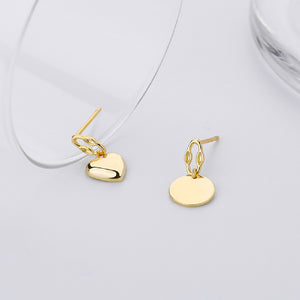 925 Sterling Silver Plated Gold Simple Fashion Heart Round Asymmetric Earrings