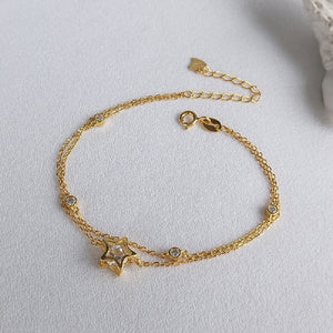 925 Sterling Silver Plated Gold Fashion Simple Star Double Layer Bracelet with Cubic Zirconia