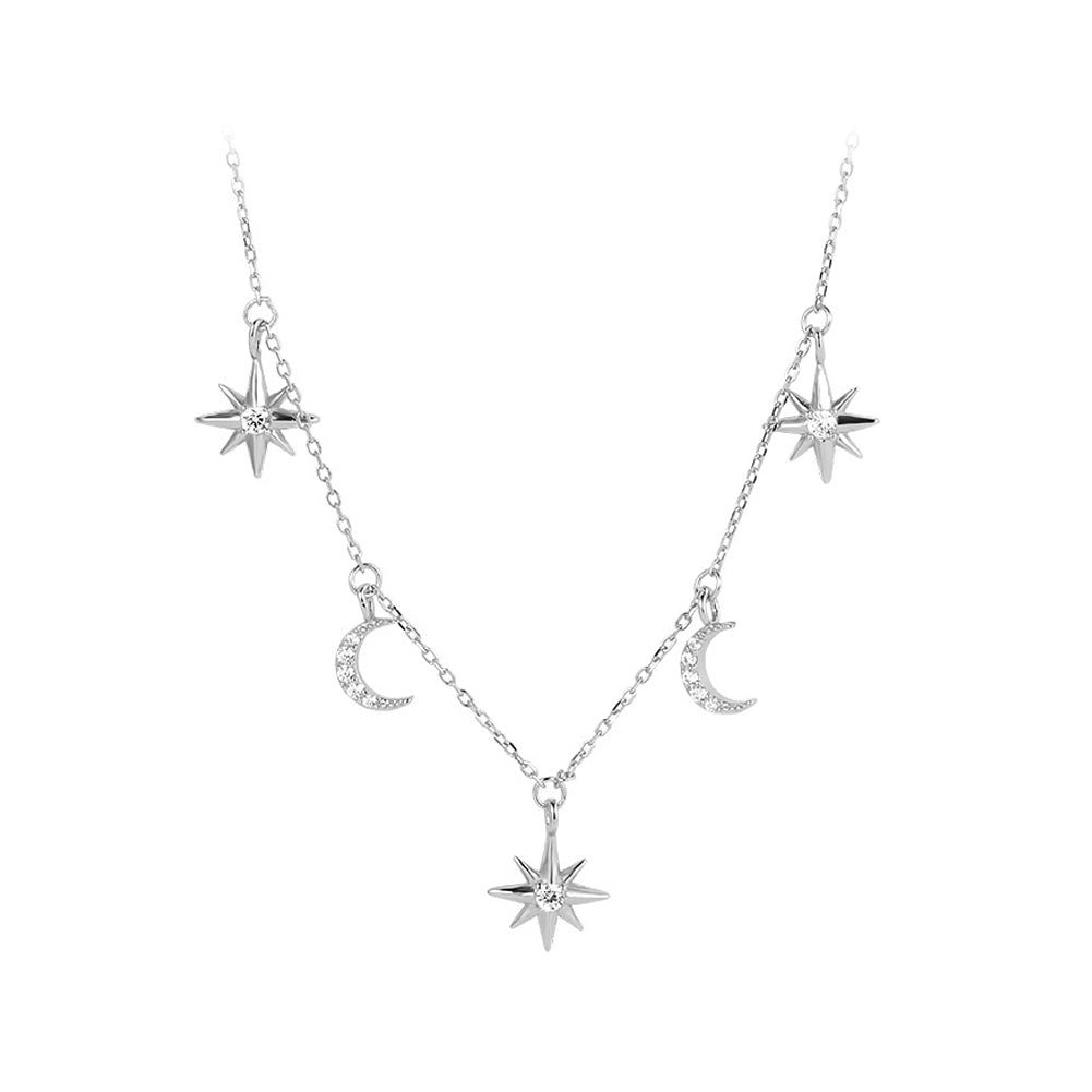 925 Sterling Silver Fashion Simple Star Moon Necklace with Cubic Zirconia