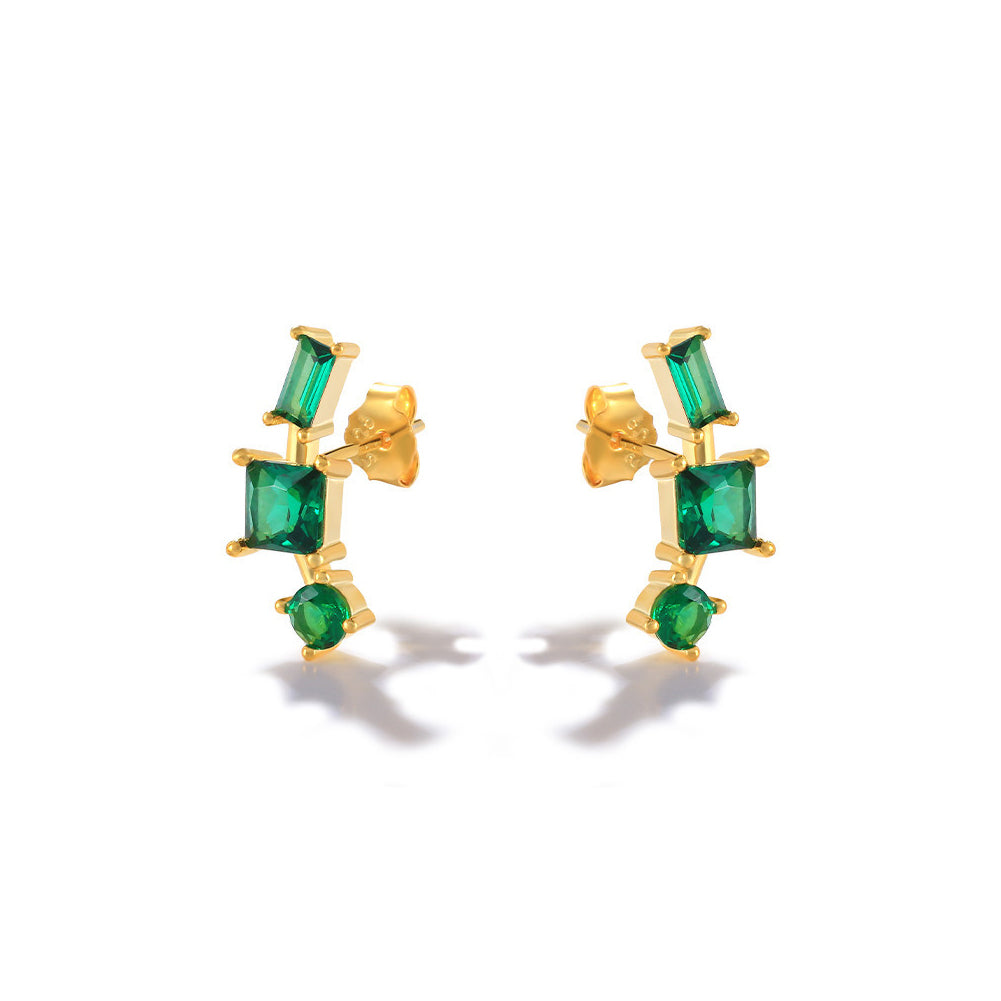 925 Sterling Silver Plated Gold Fashion Temperament Curved Geometric Stud Earrings with Green Cubic Zirconia